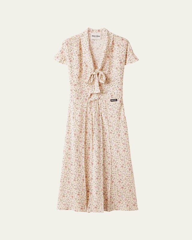 Floral Neck-Tie Short-Sleeve Midi Dress